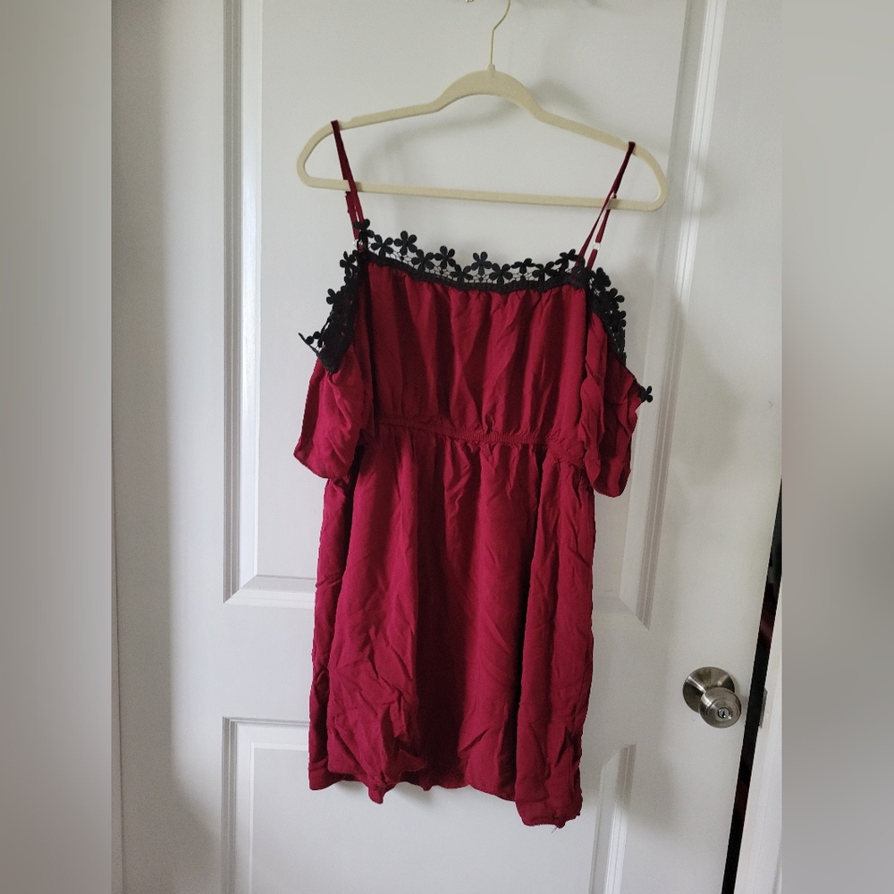 Shein Burgundy Wine Red Dress with Black Lace Trim 1x